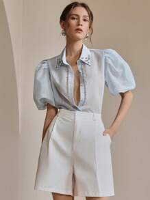 Anewsta Áo kiểu nữ thanh lịch hiện đại tay phồng ngắn tay đính đá, thích hợp cho các dịp lễ hội, đi chơi, nghỉ mát. - Màu xanh lam - Xem 7