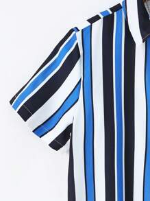 SHEIN 2pcs/Set Tween Boy Striped Short Sleeve Single-Breasted Shirt & Drawstring Waist Shorts, Casual Outfit - Blue - View 4