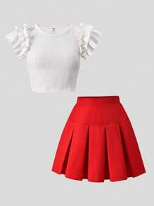 SHEIN Explorewe Teen Girl Ruffled Sleeve Textured Top And Pleated Mini Skirt Set, Suitable For Casual Holiday - White - View 5