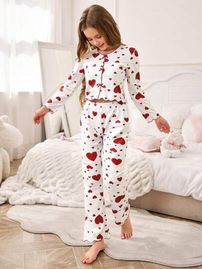 2pcs Tween Girl Pajamas Set - Long Sleeve Shirt And Matching Pants. Designed With Varied Size Heart Prints And Bow Decors, Red