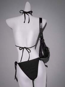 SHEIN ICON Top de bikini de mujer con cuello de halter y adornos de rhinestone, para el verano y las vacaciones en la playa