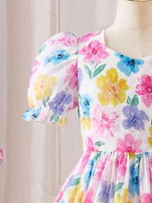 Meisjesjurken voor tieners Kleurrijke bloemen Dopamine print Polka Dot textuur Jacquard Chiffon korte mouw Mid-Lengte jurk, geschikt voor uitjes, vakanties, verjaardagen