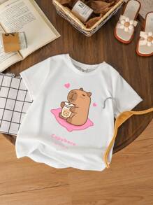 SHEIN Elladie kids 年轻女孩爱心与小狗印花圆领短袖休闲 T 恤 - 白色 - 查看 3