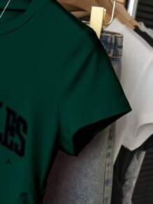 Sparklyn 青少年女孩休闲百搭字母印花短袖 T 恤 - 墨綠色 - 查看 3