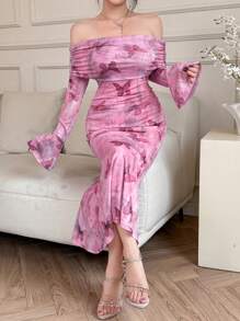 DAZY Women's Mid-Length Off Shoulder Floral Print Mermaid Dress,Fall Dress - Pink - View 4