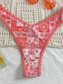 Swim Mod Springbreak 女士随机印花细肩带上衣和高开叉下装两件套比基尼套装，适合度假穿着，可爱泳衣 - 彩色 - 查看 4