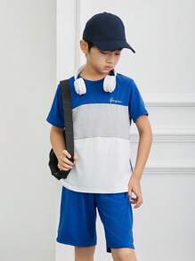 SHEIN Little Byeori Cậu bé Tween Giải trí Thoải mái Tương phản Màu sắc Vòng cổ Ngắn tay Áo thun Và Bộ quần short - Xanh đậm - Xem 4