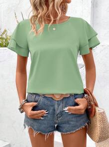 Breezaya 女士纯色荷叶边圆领宽松休闲衬衫