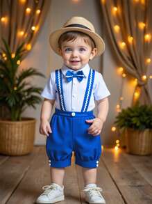 Young Boy Bow Tie Shirt & Bib Shorts 2Pcs Suit Set, Gentleman Style Outfit Suitable For Casual Gathering, Outdoor Picnic And More - Multicolor - View 1