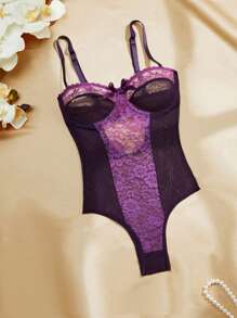 Charlaine Women's Lace Patchwork Bow Decor Sexy Casual Jumpsuit - Purple - View 3