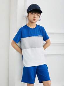 SHEIN Little Byeori Cậu bé Tween Giải trí Thoải mái Tương phản Màu sắc Vòng cổ Ngắn tay Áo thun Và Bộ quần short - Xanh đậm - Xem 5