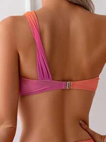 SHEIN Swim Women Ombre Pleated One Shoulder Sexy Bikini, Random Print Summer