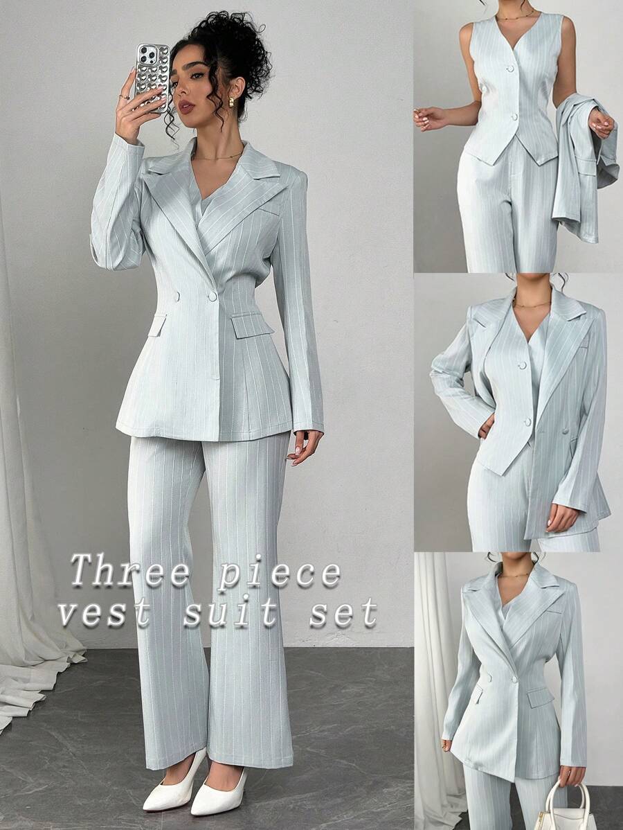 Modelyn 3 件套女士高端休闲条纹西装套装：阔腿裤、西装外套、浅蓝色衬衫 - 藍色 - 查看 1