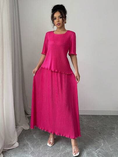 Chiquease 2pcs Women's Solid Color Round Neck Short Sleeve Top And Skirt Set, Simple Design