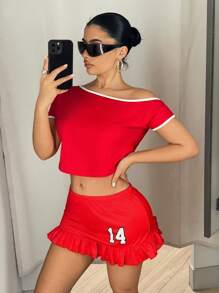 SHEIN ICON Minifalda roja con estampado numérico y volantes en el bajo, de talle bajo - Rojo - Ver 2