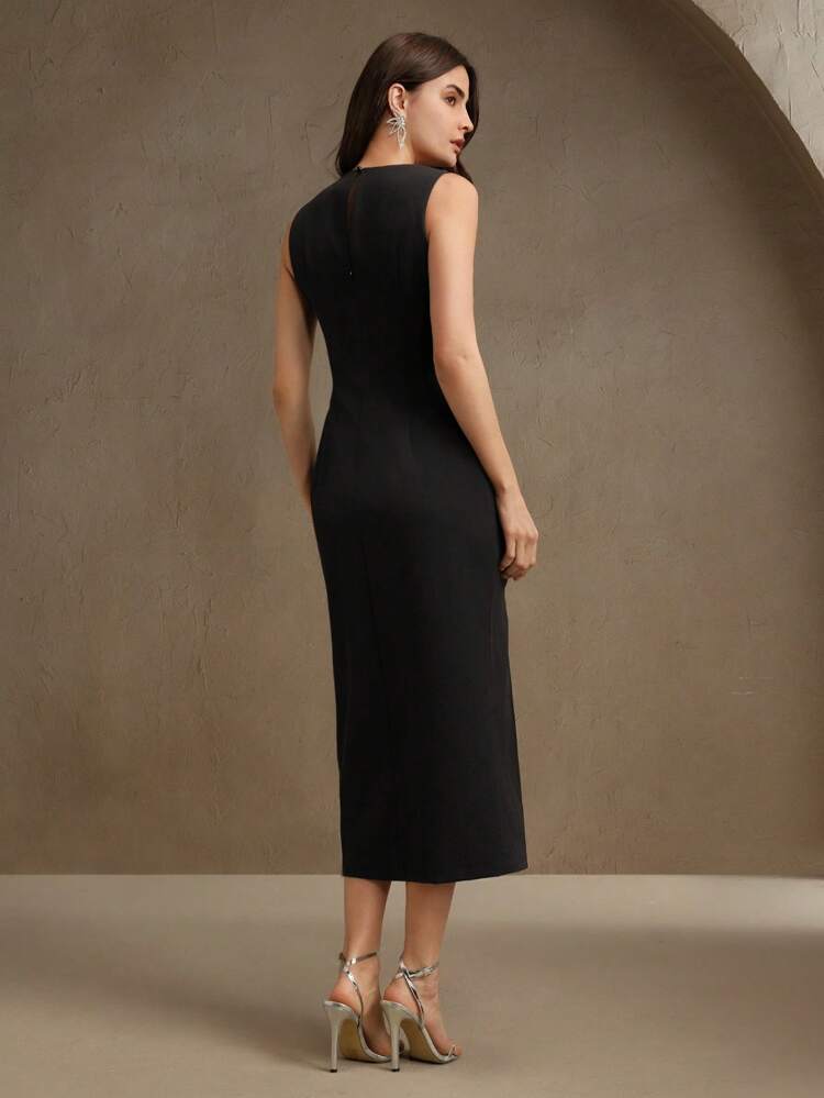 Elegant Chic High-End Luxury Design Hollow Chain Long Sleeve Slit Fitted Dress, Suitable For Wedding Guest, Party, Valentine, Black