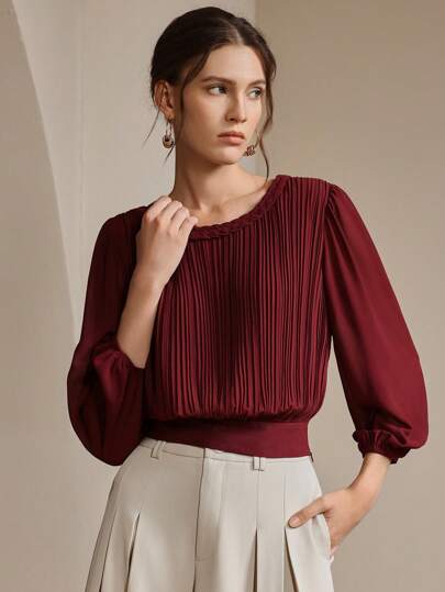 Anewsta Women's Knitted Cable Crew Neck Pleated Lantern Sleeve Slim Fit Blouse, Spring For Going Out