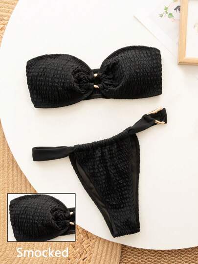 SHEIN Swim Spring Break Women 2pcs/Set Solid Color Sexy Fashion Halter Crop Top And Brazilian Bikini Bottoms For Summer Beach Vacation