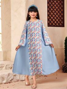 SHEIN Tween Girls Loose Casual Crew Neck Solid Color Patchwork Pattern Dress