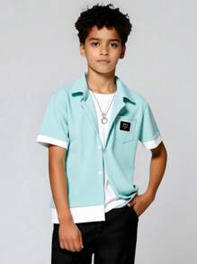SHEIN Tween Boy's Colorblock Patched Short Sleeve Shirt, Summer - Green - View 1