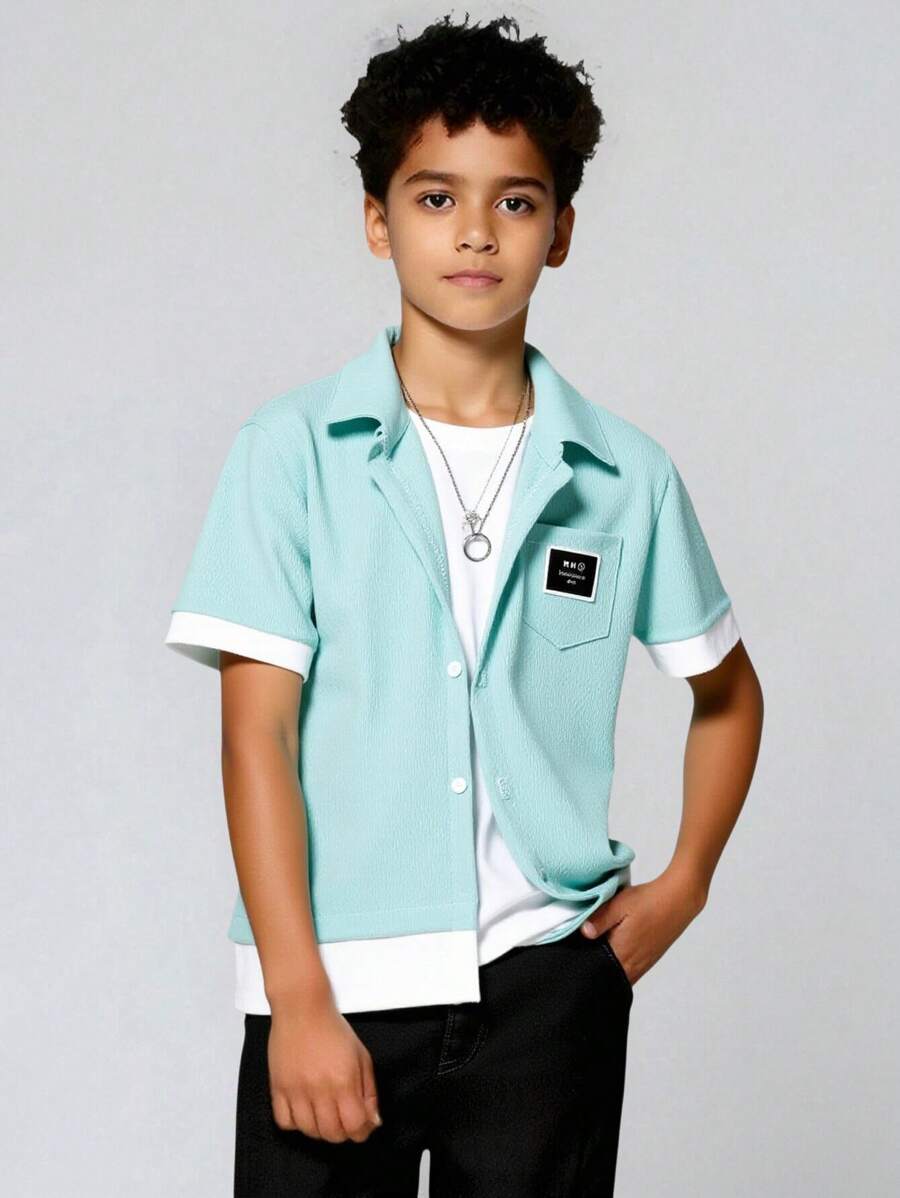 SHEIN Tween Boy's Colorblock Patched Short Sleeve Shirt, Summer - Green - View 1