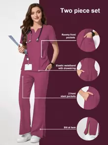 TaskEZ Solid Color V-Neck Short Sleeve Pocket Top And Pants Scrub Uniform Set - Purple - View 1