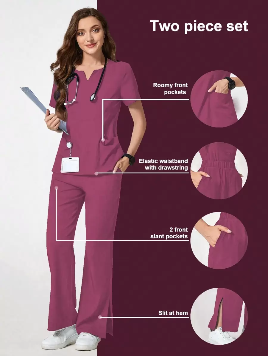 TaskEZ Solid Color V-Neck Short Sleeve Pocket Top And Pants Scrub Uniform Set - Purple - View 1