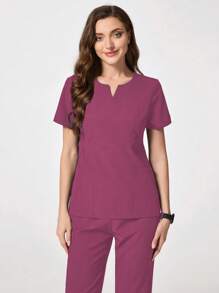 TaskEZ Solid Color V-Neck Short Sleeve Pocket Top And Pants Scrub Uniform Set - Purple - View 3