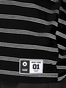 SUMWON 青年休闲条纹 T 恤圆领经典宽松夏季短袖基本款街头服饰日常上衣青少年休闲装 - 黑色 - 查看 4