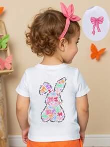 Baby Girl Easter Holiday Casual Creative Colorful Ribbon Bow Rabbit Print Basic Short Sleeve T-Shirt, Mommy And Me Matching (Sold Separately) - White - View 3