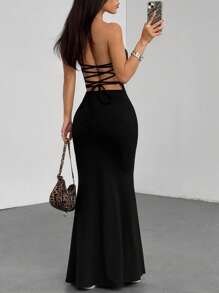 Flirla Combinaison longue noire dos nu à taille croisée et coupe sirène, très élastique, douce, confortable, à la mode, élégante et sexy, adaptée aux femmes au printemps/été - Noir - Voir 1