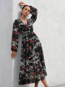 Aveloria Modichic European Retro Palace Random Floral Rose Print Shirred Puff Sleeve Long Sleeve Shirred Waist Maxi A-Line Dress For Women Fall Cloth For Women