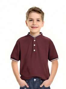 SHEIN Leap Crew Tween Boys Baseball Collar Half-Button Polo Shirt, Casual Short Sleeve Lightweight Everyday Summer Wear - Maroon - View 1