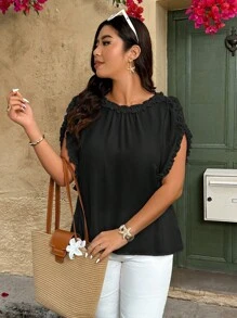 Breezaya Chemise à manches courtes avec volant de couleur unie casual pour femmes en grande taille, idéale pour les vacances