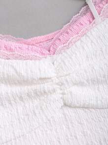 Sweetra Nuevo conjunto de camisetas sin mangas de mujer con volantes, encaje texturizado y patchwork en blanco y rosa