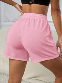 SHEIN Cheerettes Casual Solid Color Drawstring Waist Sports Shorts Sweater Shorts - Pink - View 4
