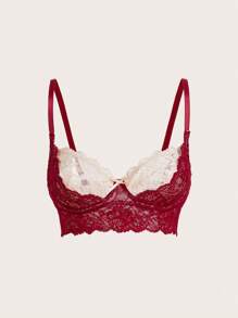 SHEIN ICON 撞色双层蕾丝杯带蝴蝶结蕾丝性感内衣文胸 - 彩色 - 查看 1