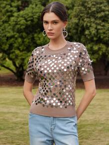 Anewsta Elegant Novelty Embellished Sequin Knit Short Sleeve Sweater, Spring/Summer Casual - Khaki - View 5