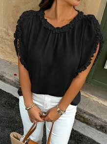 Breezaya Chemise à manches courtes avec volant de couleur unie casual pour femmes en grande taille, idéale pour les vacances