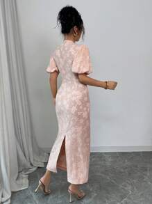 Elenzga 女士优雅法式提花 V 领修身中长连衣裙，带腰带、泡泡袖、开衩下摆，适合通勤和情人节，粉色 - 粉色 - 查看 2