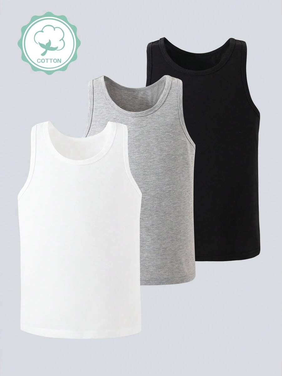 Conjunto de 3 camisetas interiores de mezcla de algodón para adolescentes, de unicolor, diseño sencillo para combinar fácilmente, tela elástica y transpirable, lavable a máquina, ajuste cómodo y fácil cuidado (se vende por separado en un conjunto de 3 piezas) - Multicolor - Ver 1