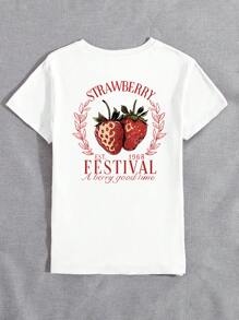 女士草莓水果和字母印花 T 恤，休闲户外派对装，适合所有季节
