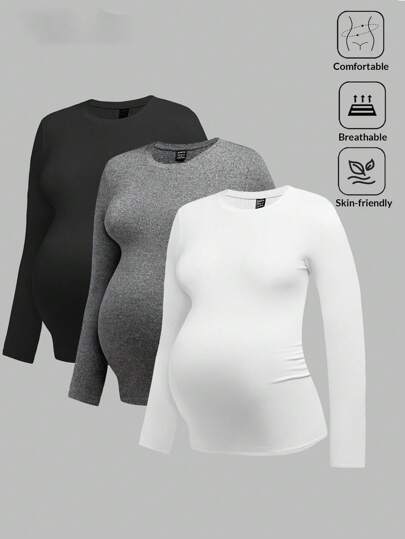 Modmama 3pcs/Set Casual Crew Neck Long Sleeve Slim Fit Maternity T-Shirts