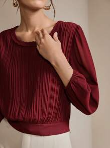 Anewsta 女式针织麻花圆领褶皱灯笼袖修身衬衫，适合春季外出穿着 - 酒紅色 - 查看 8