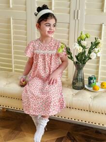 SHEIN Young Girl Floral Print Lace Trim Woven Summer House Dress Spring Dress For Kids Spring Dresses For Girls Summer Dresses For Girls Summer Dress For Girls Young Girls Dresses Spring Kids Dresses