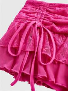 Sweetina 超低腰蕾丝网布双层褶皱系带高开叉女裙 - 玫紅色 - 查看 3