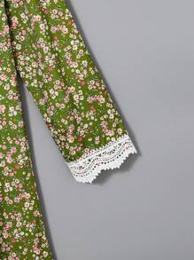 Tween Girls' Spring/Autumn Casual Ditsy Floral Contrast Lace Dress Tween Girls Spring Dresses - Olive Green - View 3