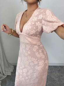 Elenzga 女士优雅法式提花 V 领修身中长连衣裙，带腰带、泡泡袖、开衩下摆，适合通勤和情人节，粉色 - 粉色 - 查看 7