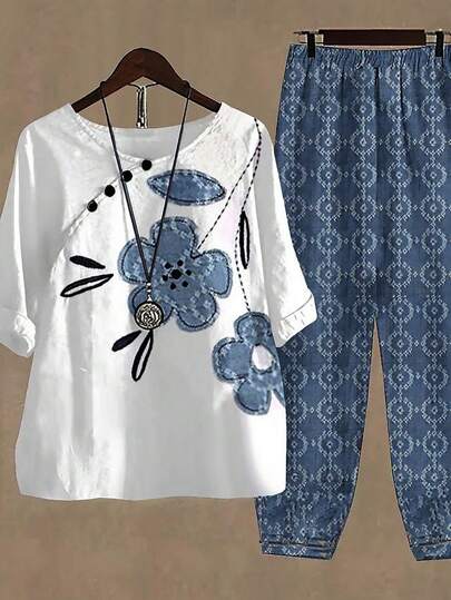 INAWLY 2pcs/Set Plus Size Women Spring Floral Print Short Sleeve Top And Loose Pants Set, Casual Outfit