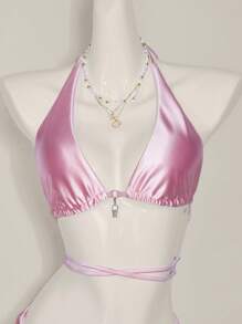 SHEIN ICON Sexy Solid Color Backless Halter Neck Swimwear Top For Summer Beach Vacation - Pink - View 3